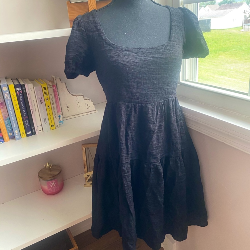 Black tiered midi dress with tie back details